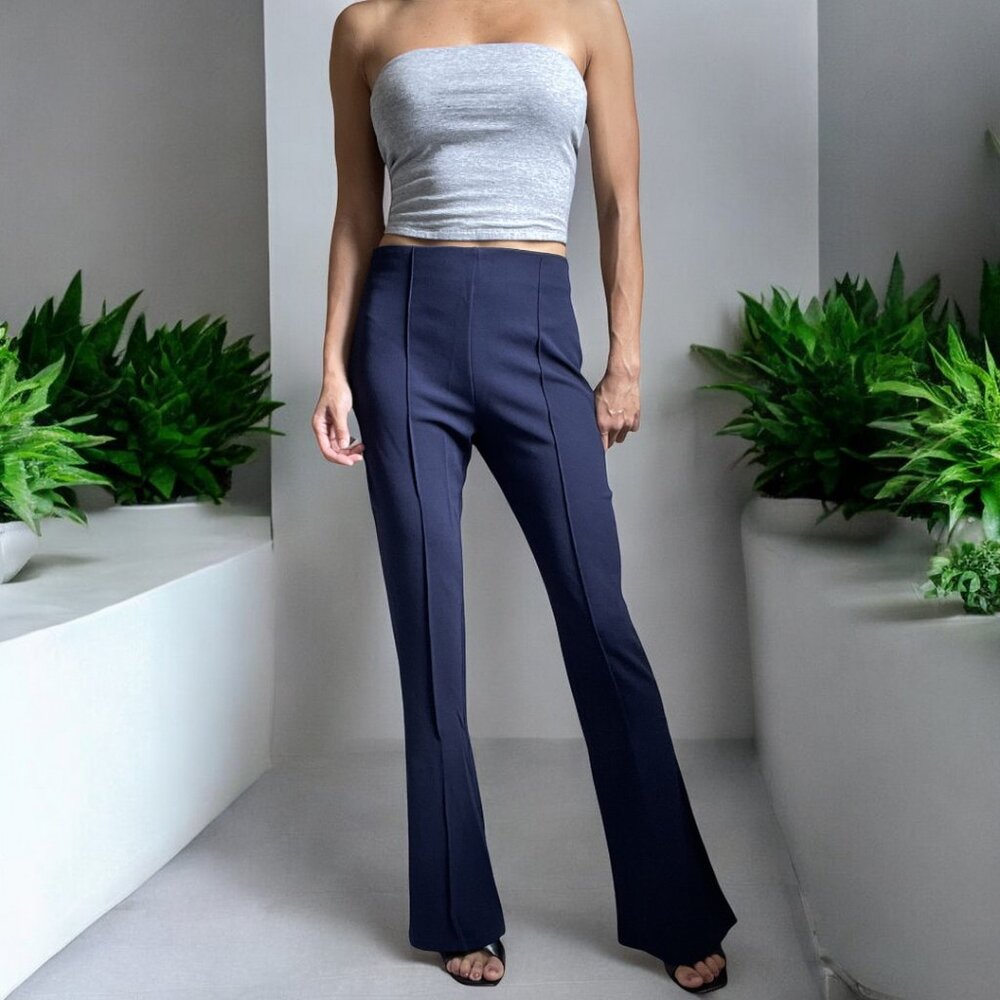 Nautical Navy Blue High-Waisted Flared Pants, Summer business casual trousers